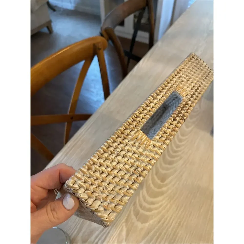 New Pottery Barn Tava Handwoven Rattan Sorting Tray Basket With Handle Whitewash